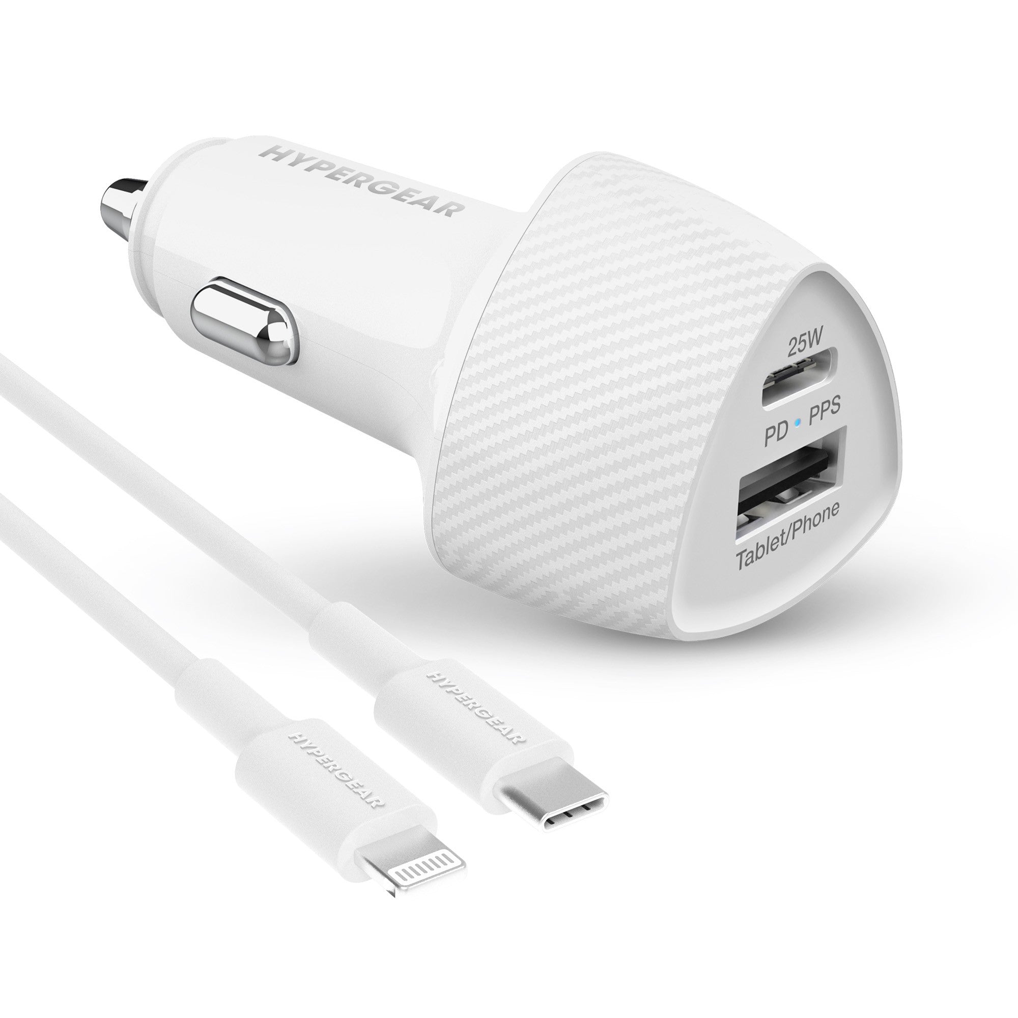 HyperGear SpeedBoost 25W USB-C PD + 12W USB Fast CLA Car Charger w/ PPS 4ft Lightning Cable - White - 15-12778
