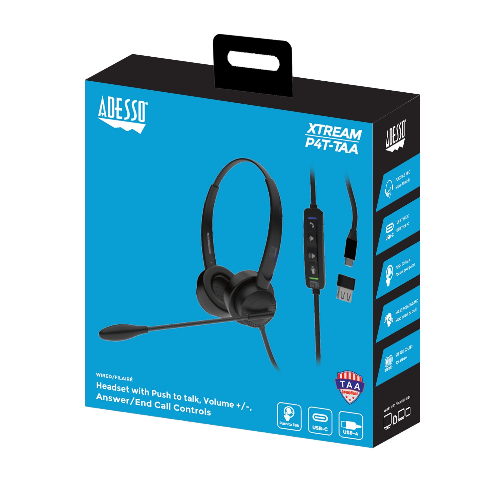 Adesso Xtream P4T-TAA Push to Talk Headset w/microphone, Volume +/-, answer/end call, USB C/USB A - 15-12870