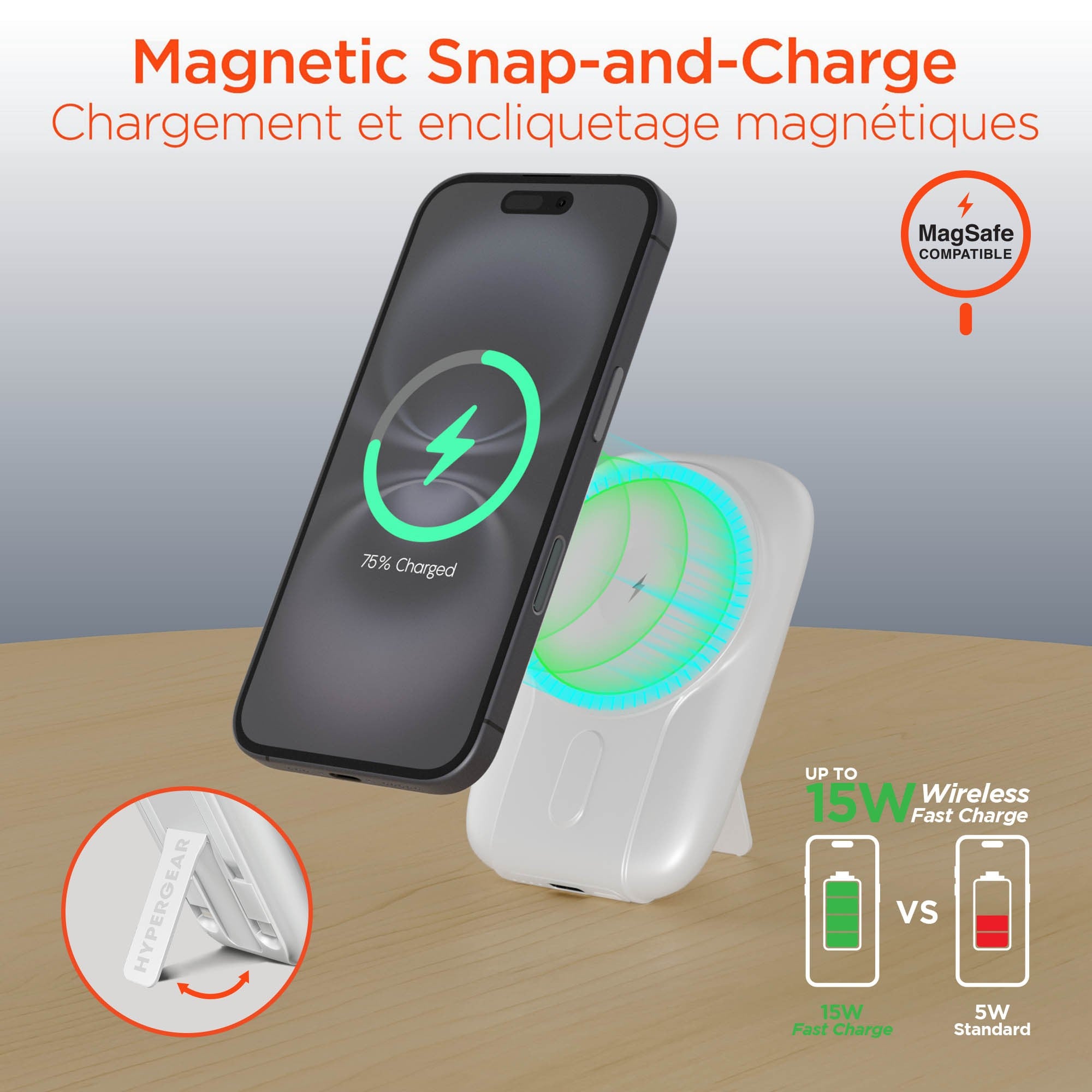 Hypergear 5000mAh Mag Grip Go Wireless Charging Portable Power Bank w/built in cable - White - 15-14281