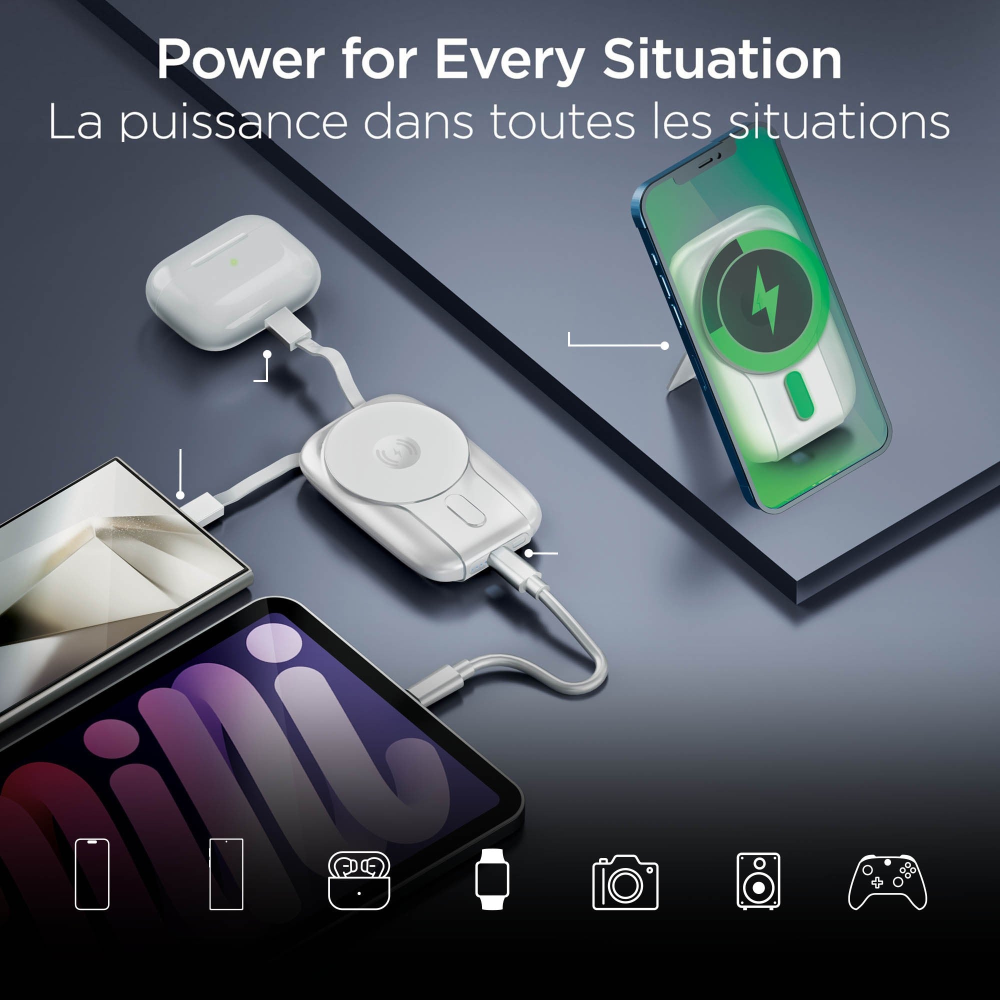 Hypergear 5000mAh Mag Grip Go Wireless Charging Portable Power Bank w/built in cable - White - 15-14281