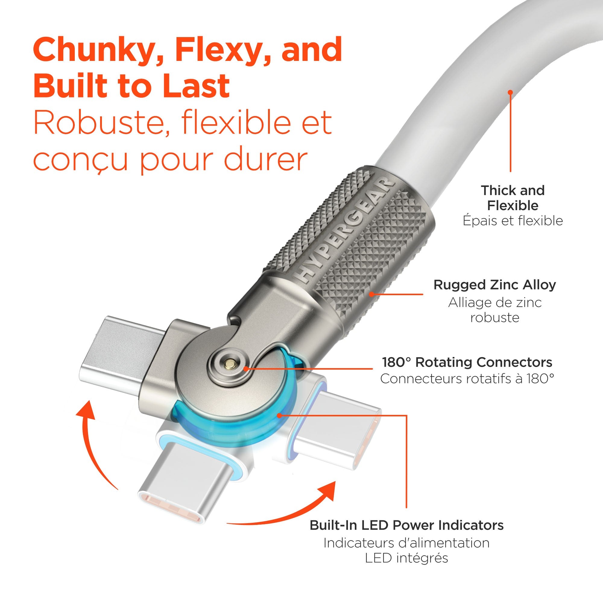 HyperGear 12 ft. 360cm USB-C to USB-C Chunky 180 Rugged Cable w/Rotating Connectors - White - 15-14299