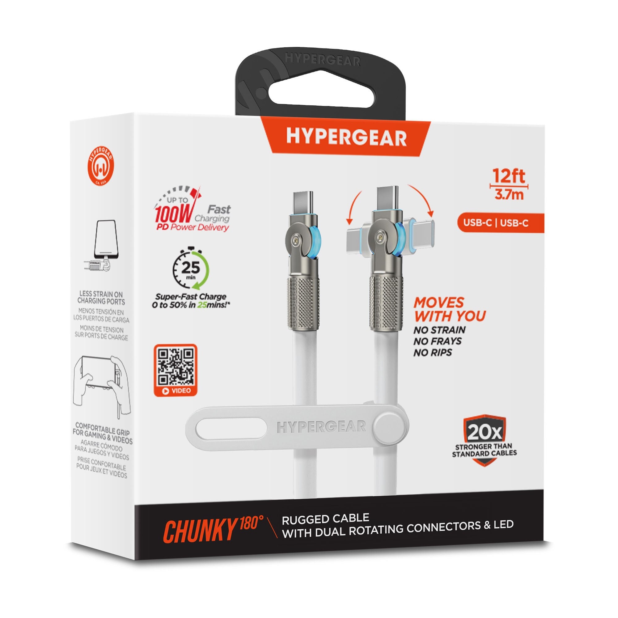 HyperGear 12 ft. 360cm USB-C to USB-C Chunky 180 Rugged Cable w/Rotating Connectors - White - 15-14299