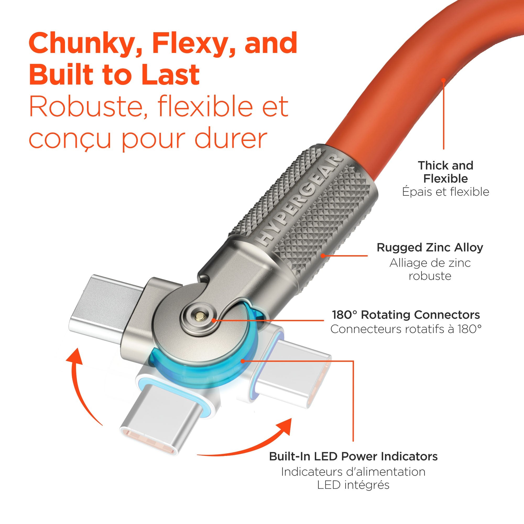 HyperGear 12 ft. 360cm USB-C to USB-C Chunky 180 Rugged Cable w/Rotating Connectors - Orange - 15-14300