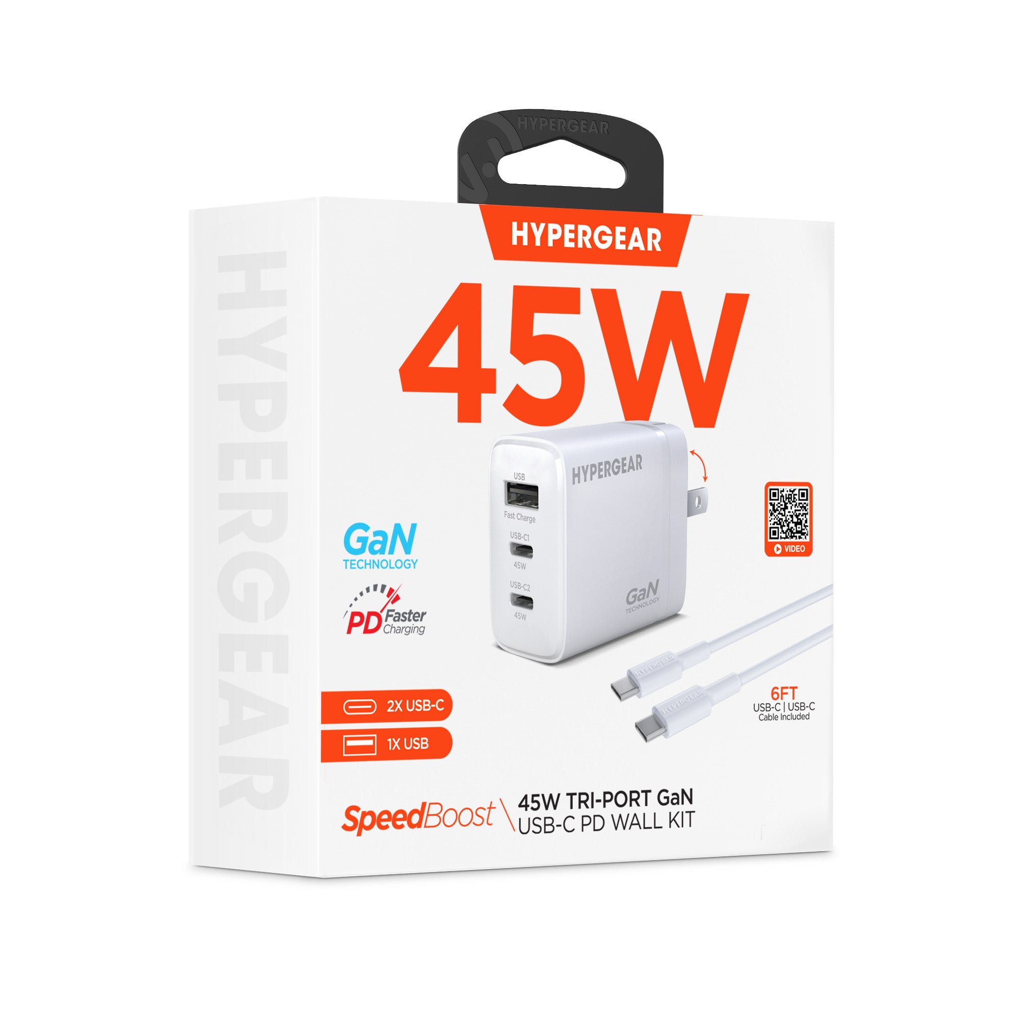 HyperGear 45W Tri-Port Dual USB-C + Single USB-A Wall Charger w/6 ft USB-C to USB-C Cable - White - 15-14303