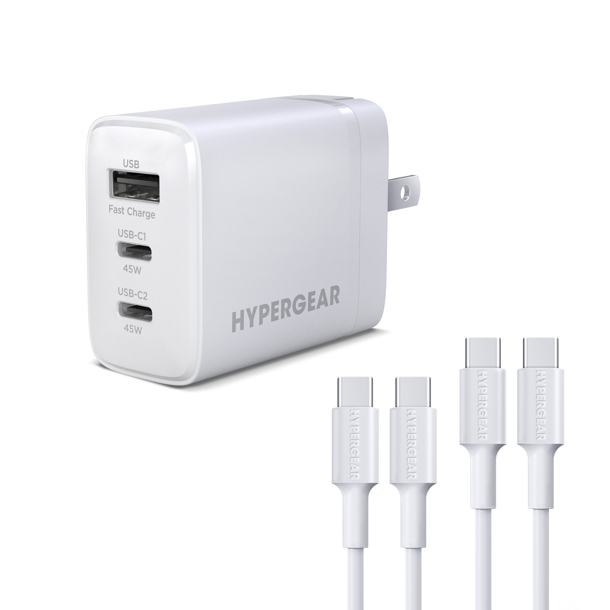 HyperGear 45W Tri-Port Dual USB-C + Single USB-A Wall Charger w/6ft+3ft USB-C to USB-C Cable - White - 15-14304