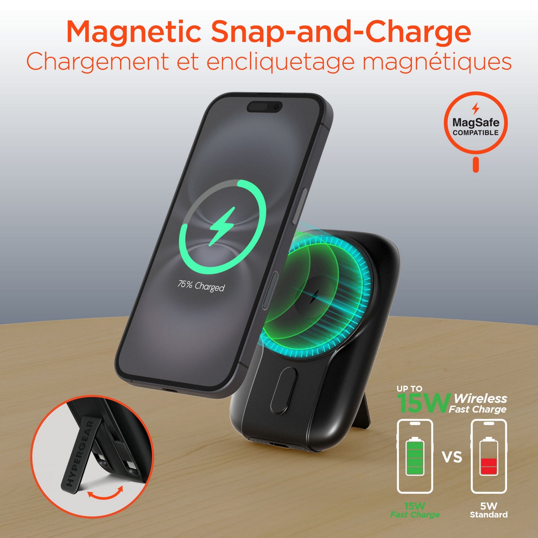 Hypergear 5000mAh Mag Grip Go Wireless Charging Portable Power Bank w/built in cable - Black - 15-14426