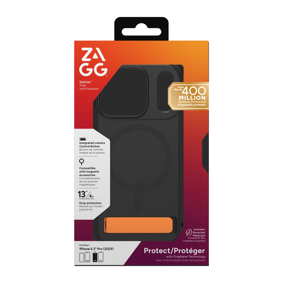 iPhone 18 Pro/17 Pro ZAGG Graphene Sedona Snap Kickstand Case - Flood Black/Orange - 15-14714
