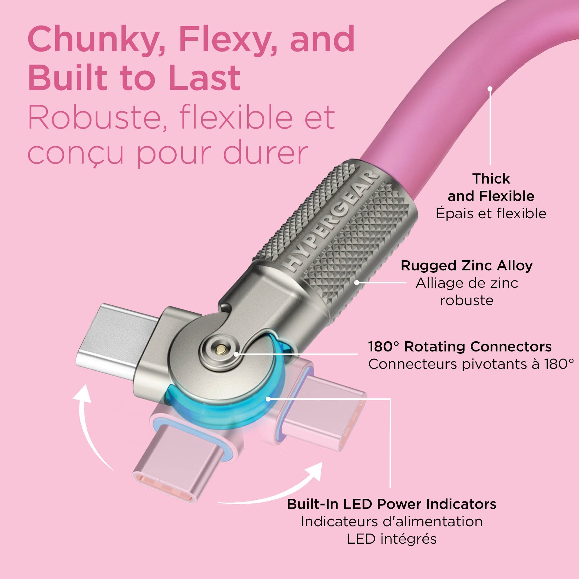 HyperGear 6 ft. 180cm USB-C to USB-C Chunky 180 Rugged Cable w/Rotating Connectors - Pink - 15-15459