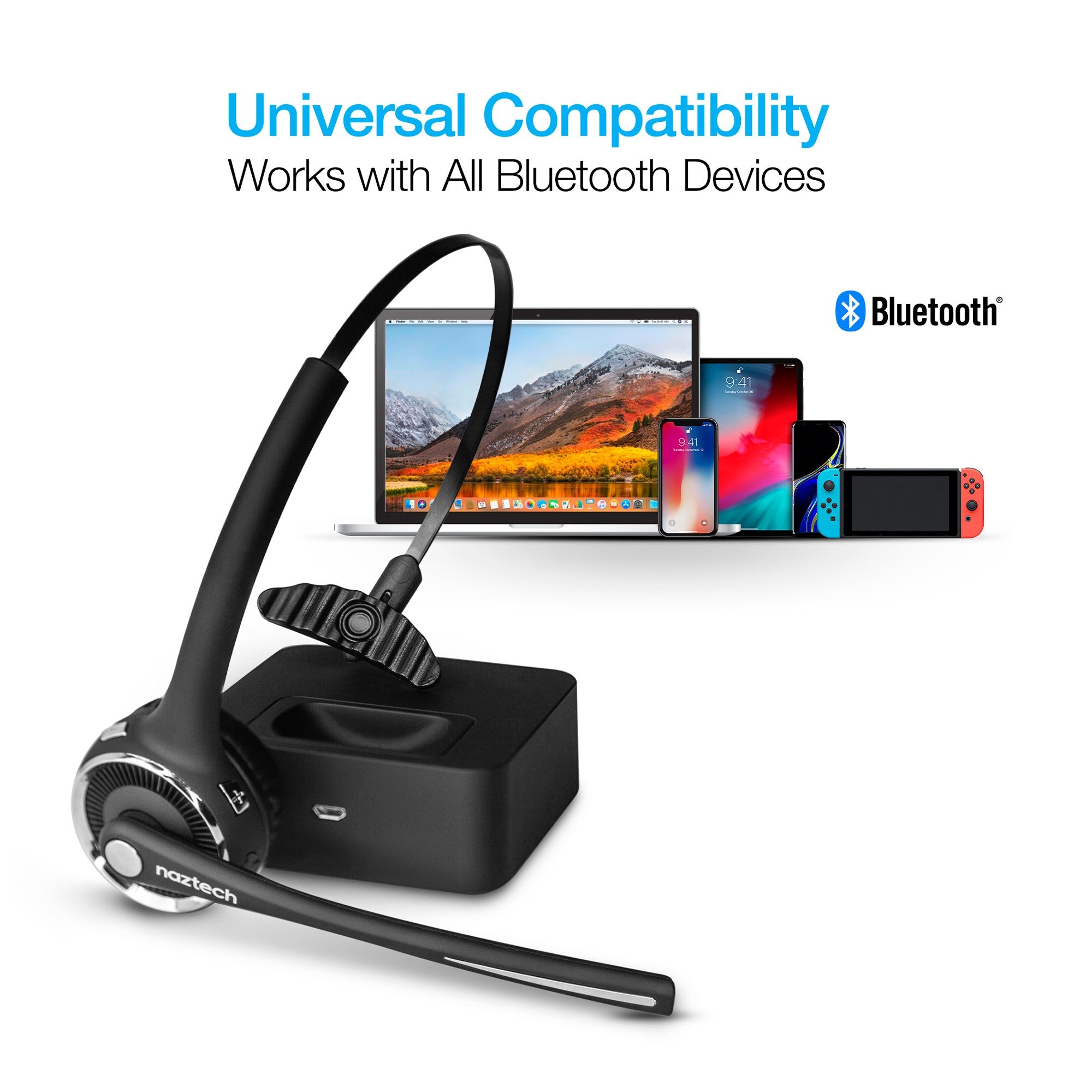 Naztech Black N980 BT Bluetooth Over-the-Head Boom Headset w/Base - 15-07268
