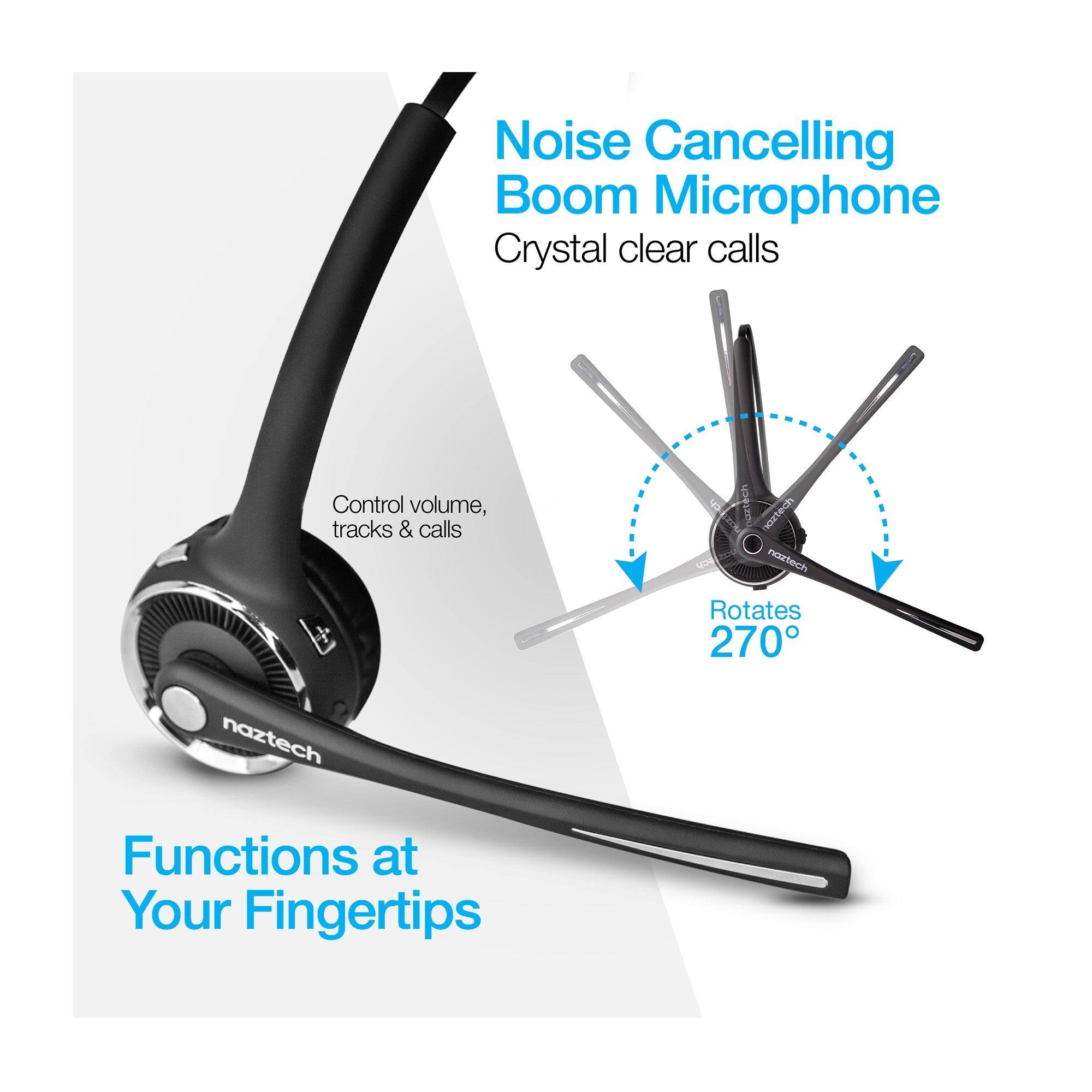 Naztech Black N980 BT Bluetooth Over-the-Head Boom Headset w/Base - 15-07268
