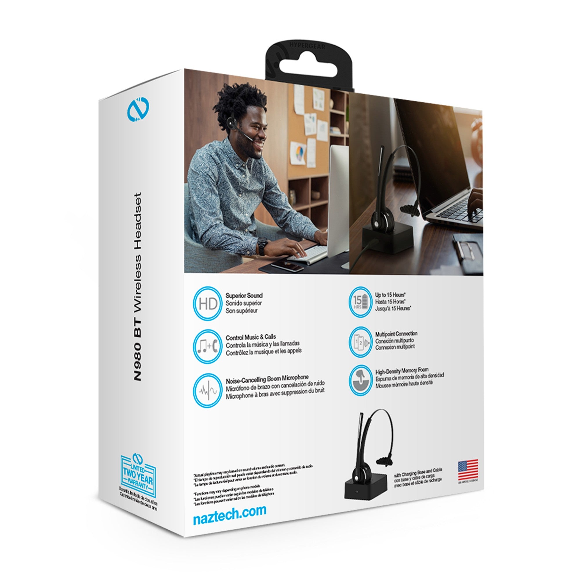 Naztech Black N980 BT Bluetooth Over-the-Head Boom Headset w/Base - 15-07268