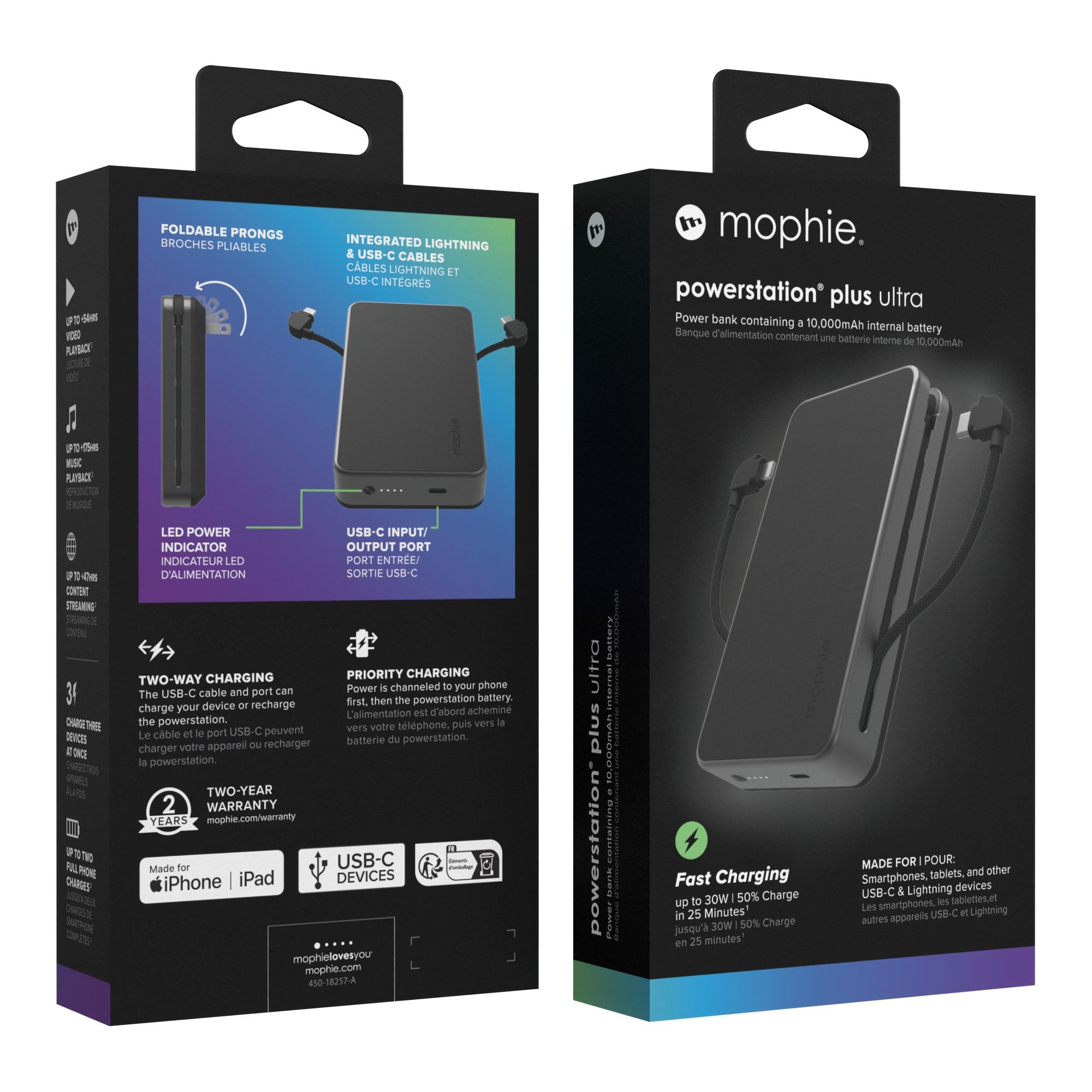 Mophie 10,000 mAh Powerstation Plus Ultra w/Cables + AC Plug - Black - 15-13730