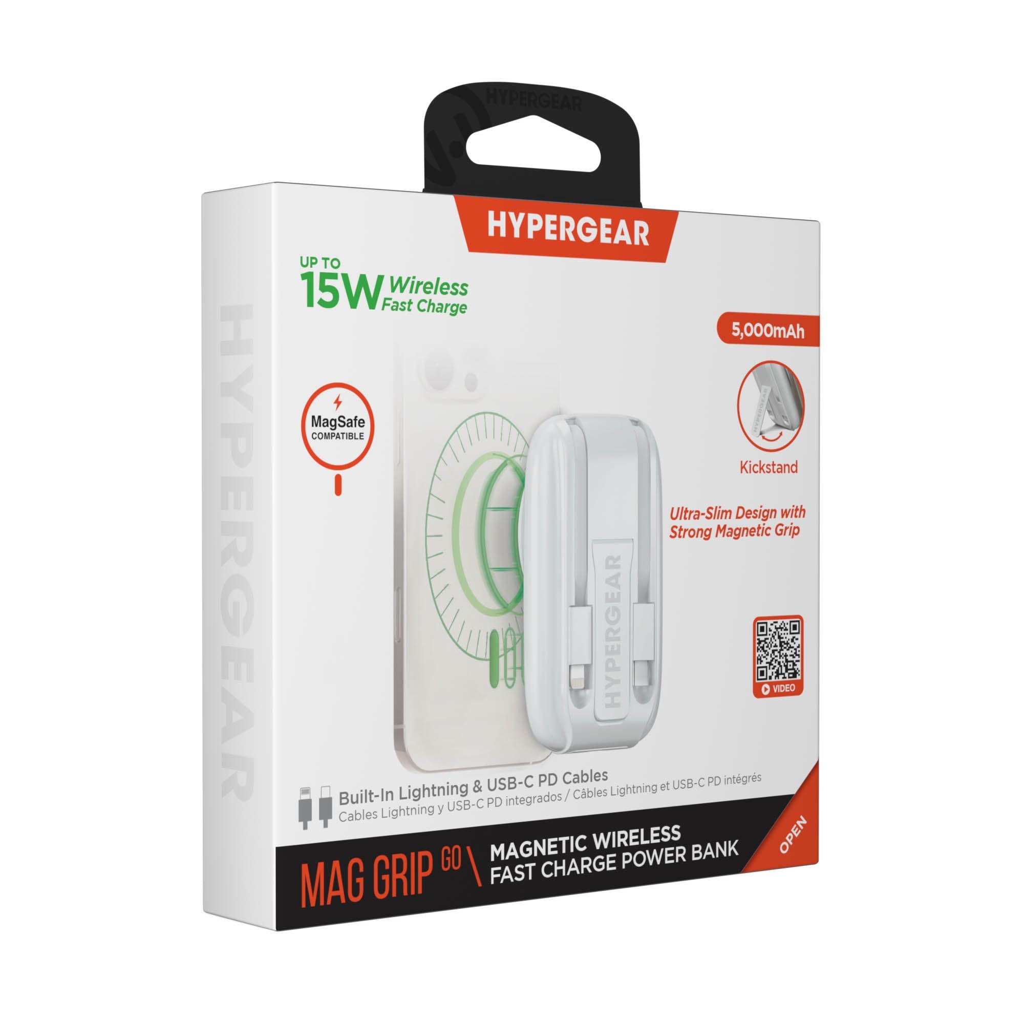 Hypergear 5000mAh Mag Grip Go Wireless Charging Portable Power Bank w/built in cable - White - 15-14281