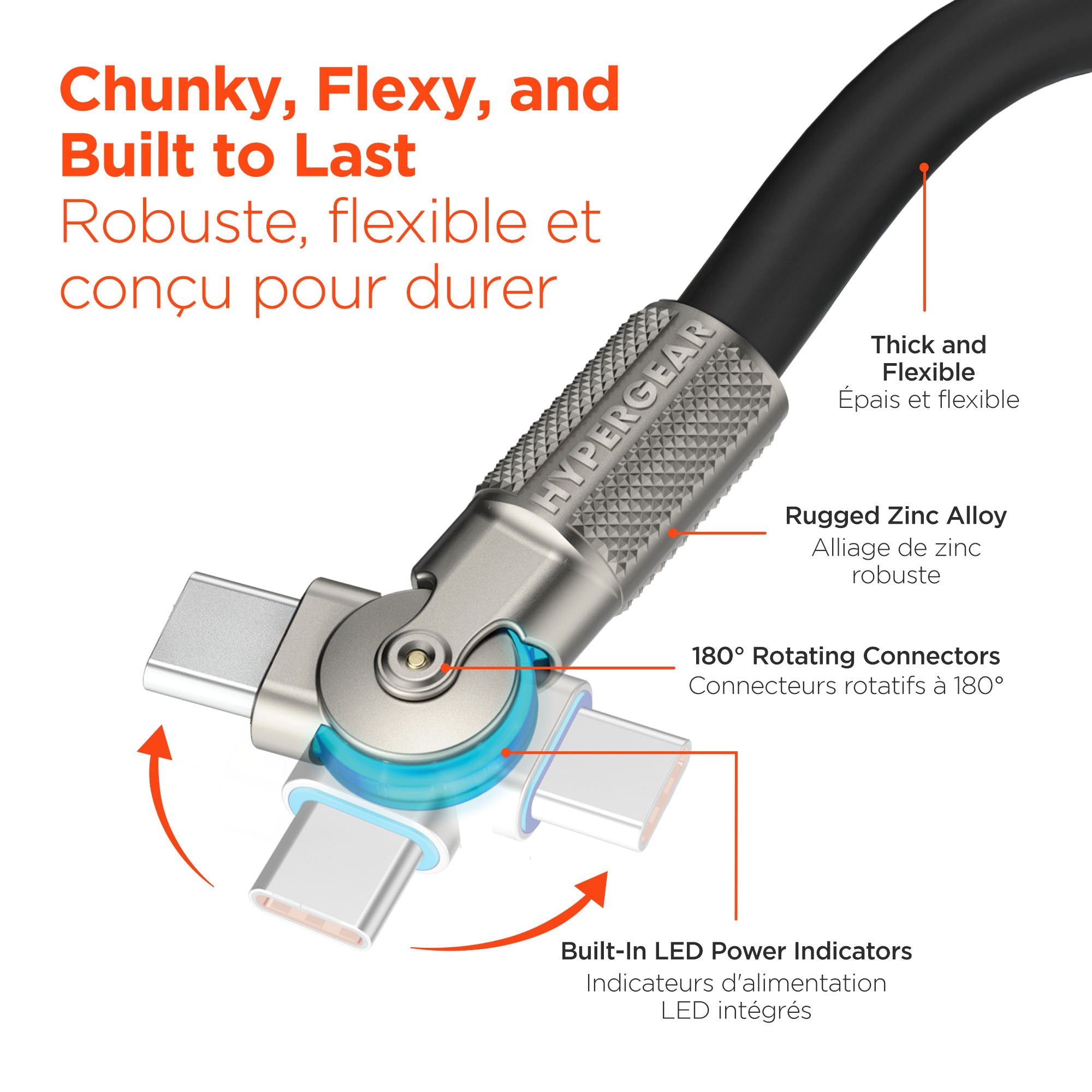 HyperGear 6 ft. 180cm USB-C to USB-C Chunky 180 Rugged Cable w/Rotating Connectors - Black - 15-14295