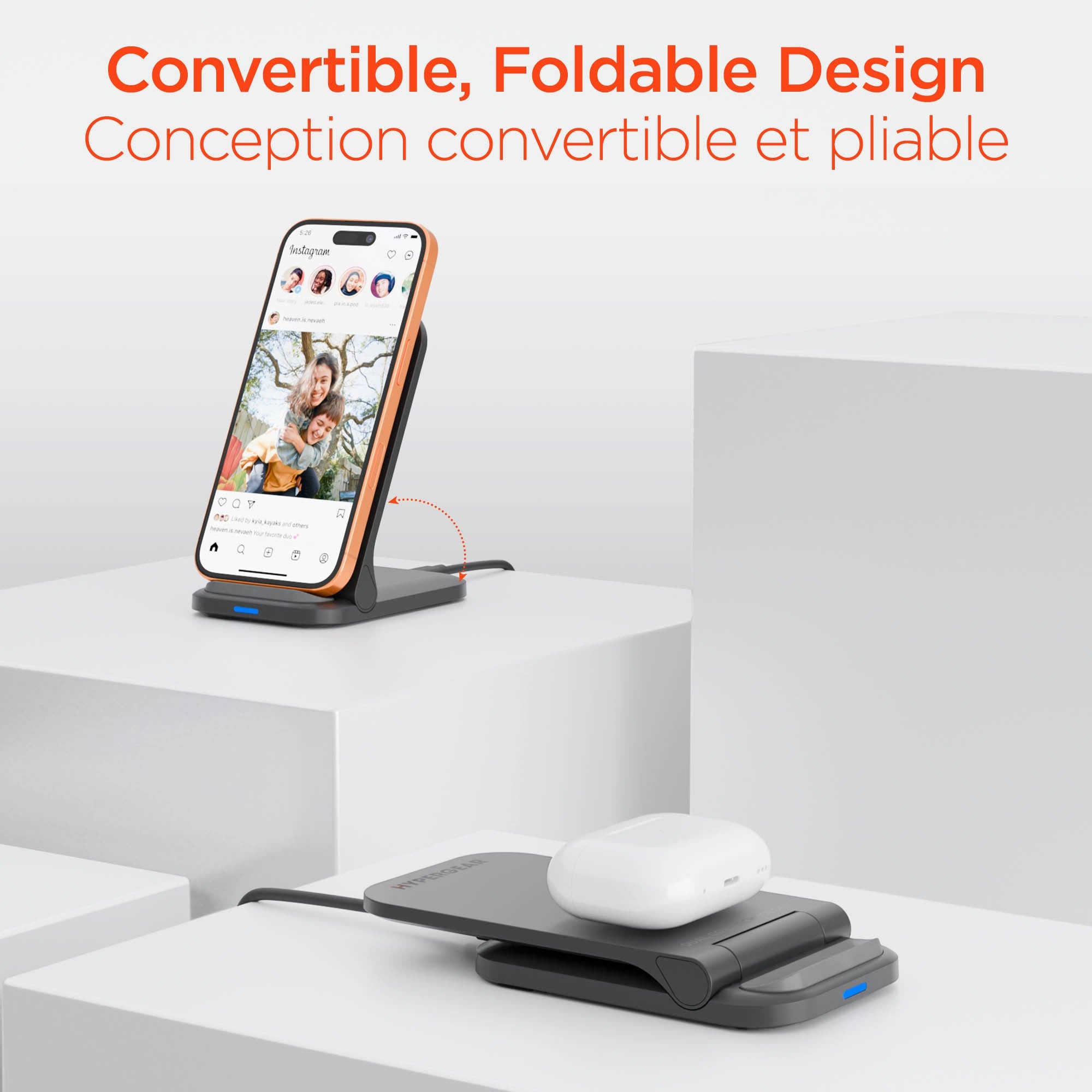 HyperGear 15W Fast Charge Foldable Wireless Charger Desktop Stand w/ Wall Charger - 15-15442