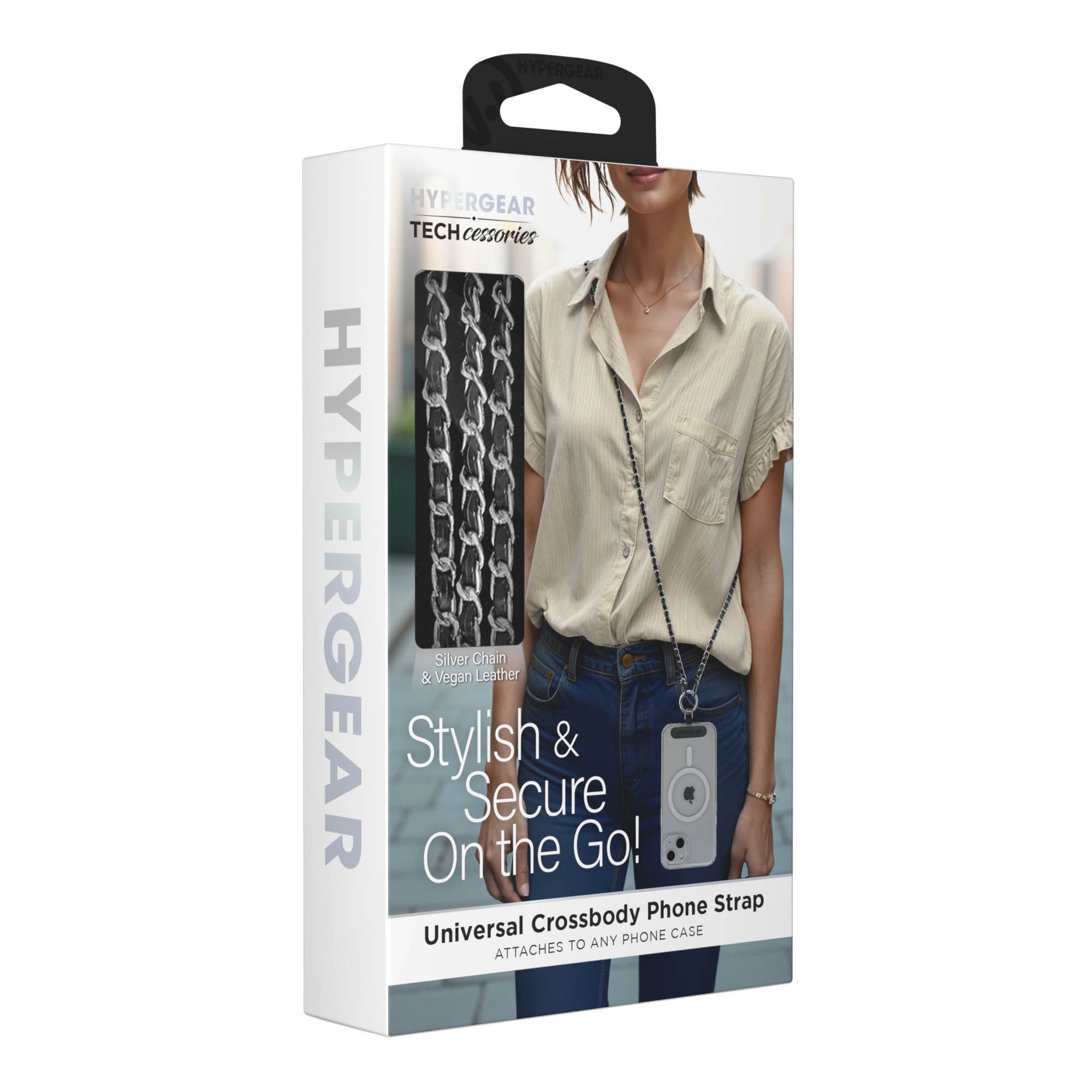 HyperGear TECHcessories Universal Crossbody Phone Strap - Silver Chain Black Vegan Leather - 15-15446