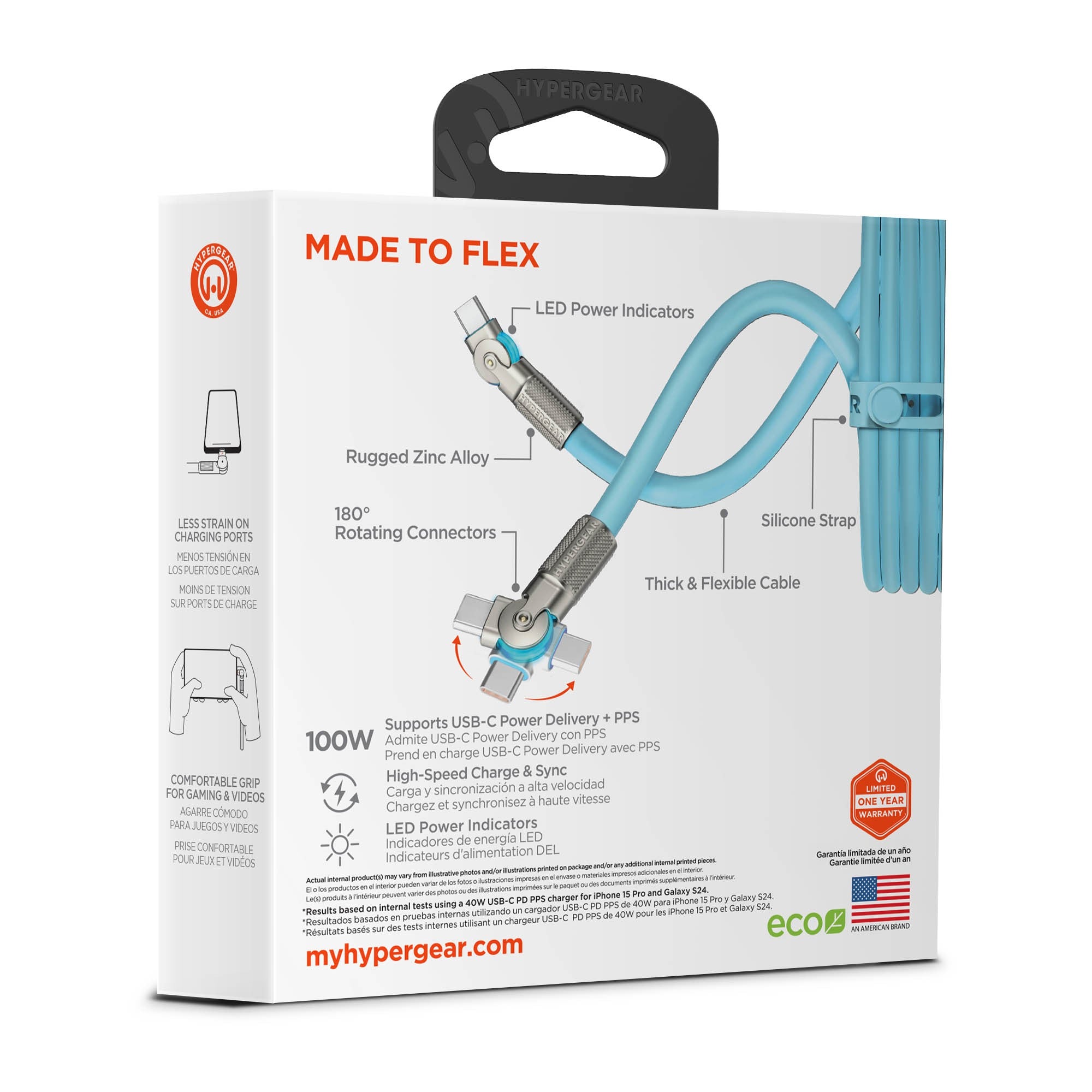 HyperGear 6 ft. 180cm USB-C to USB-C Chunky 180 Rugged Cable w/Rotating Connectors - Blue - 15-15460