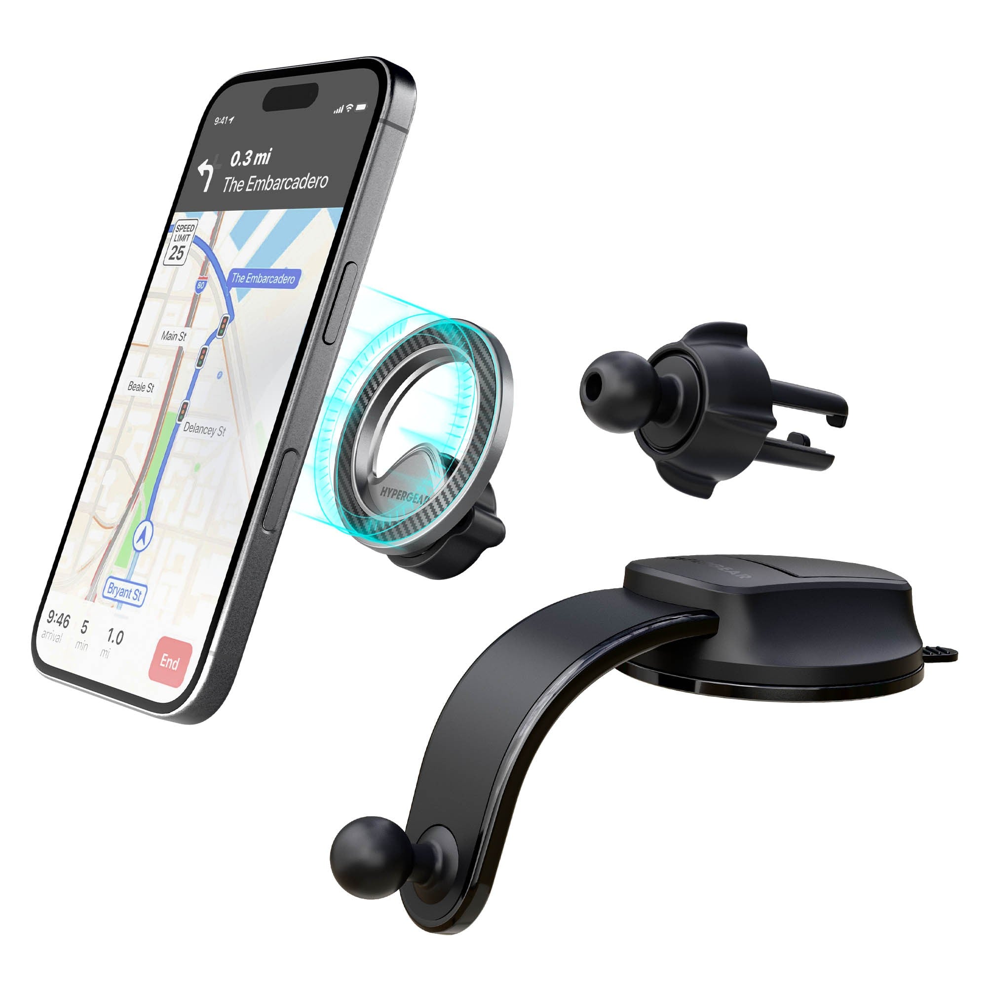 HyperGear Mag Grip Pro Magnetic Phone Mount w/Flexible Suction Base + Vent Clip - 15-15468