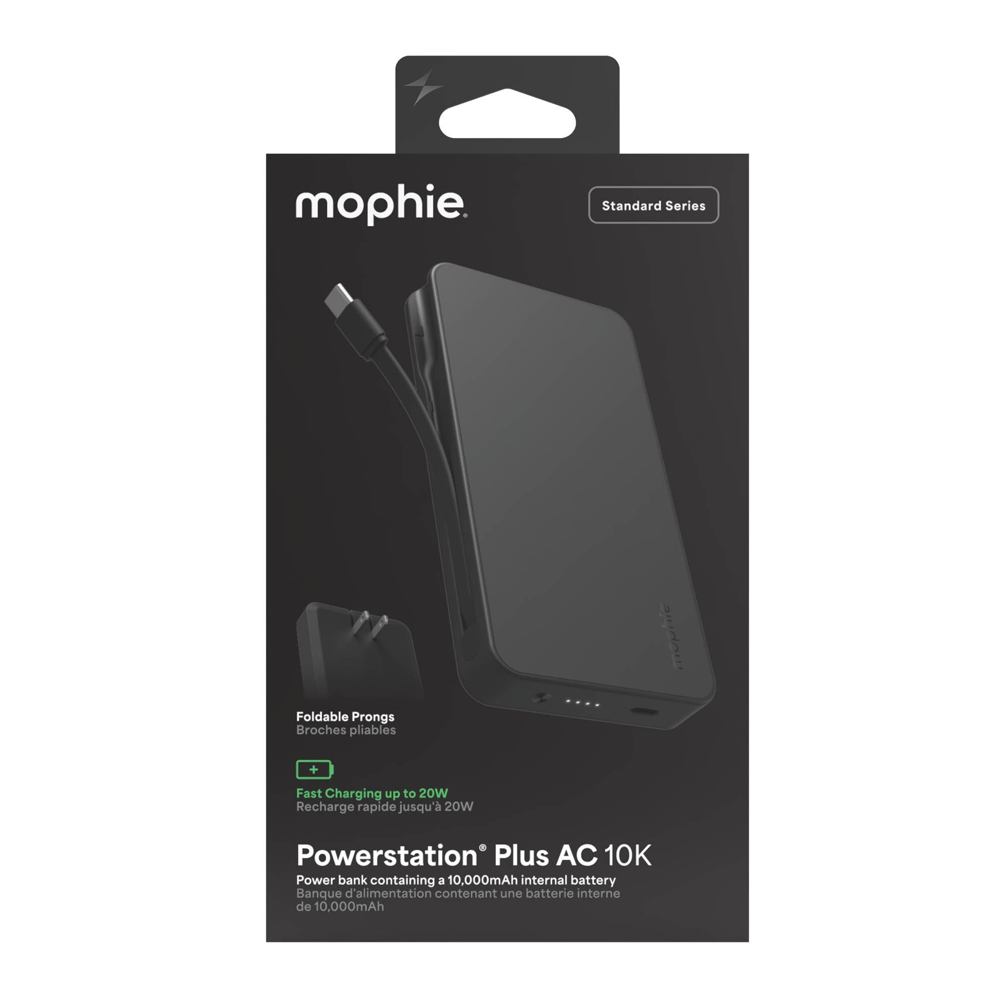 Mophie 10,000 mAh Powerstation Plus w/USB-C Cable + AC Plug - Black - 15-15779