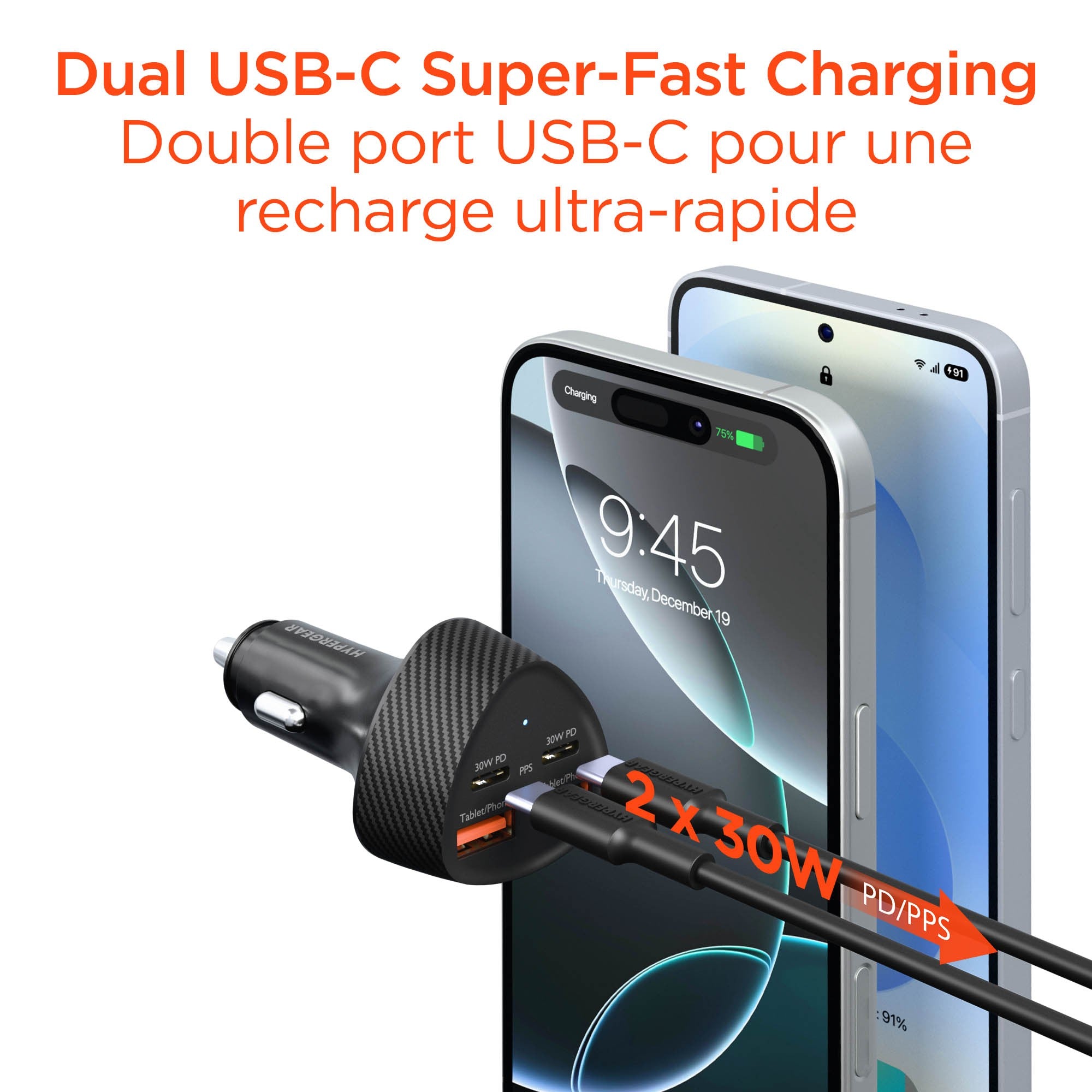 HyperGear SpeedBoost 77W Dual USB-C + Dual USB-A CLA Fast Charge Car Charger - Black - 15-15873