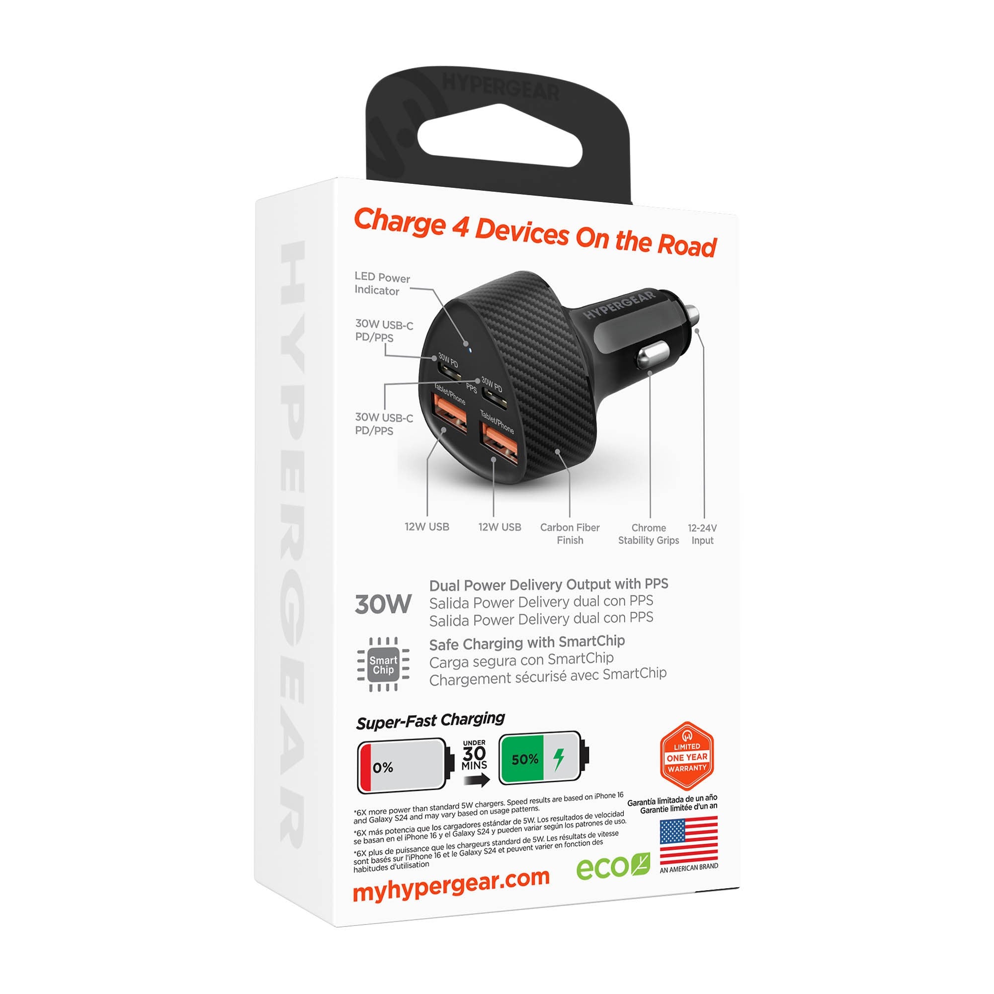 HyperGear SpeedBoost 77W Dual USB-C + Dual USB-A CLA Fast Charge Car Charger - Black - 15-15873