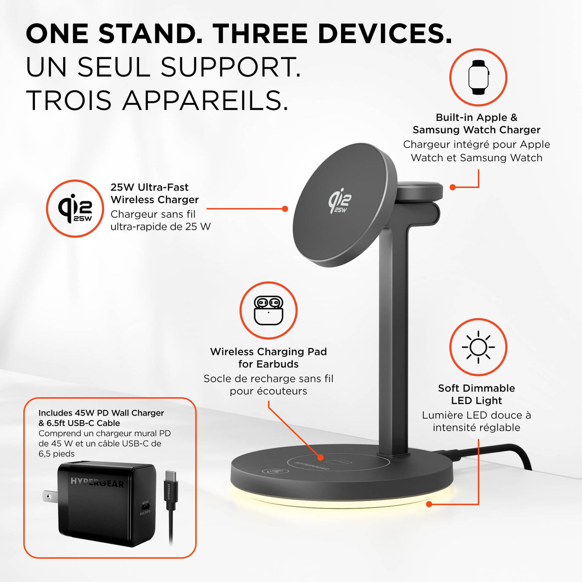 Hypergear MaxCharge Elite 3in1 Qi2.2 25W Wireless Charging Stand Compatible w/ Apple Watch + Android - 15-15900