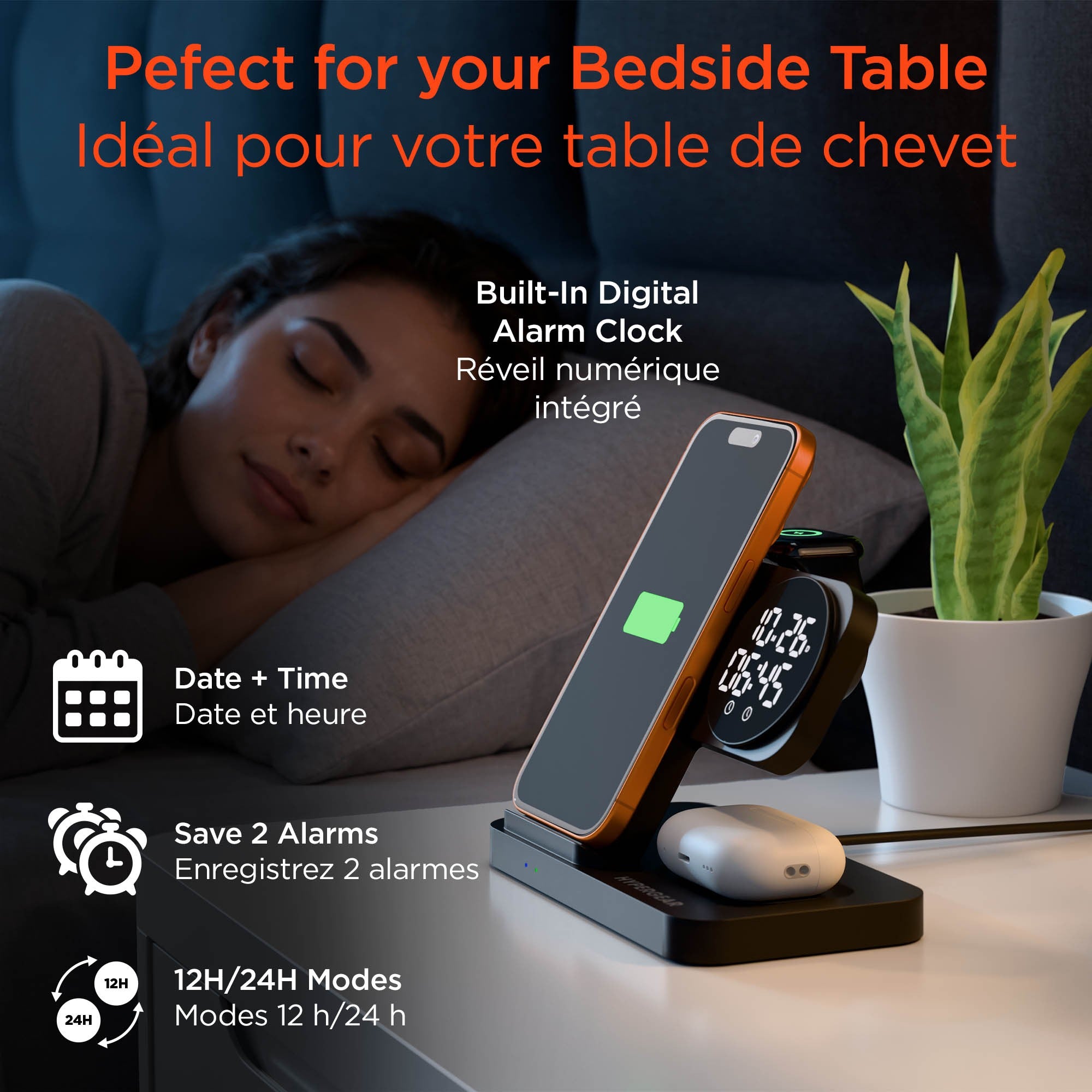Hypergear 15W Powerfold 24/7 3in1 Foldable Wireless Charging Stand w/Digital Alarm Clock - Black - 15-16269