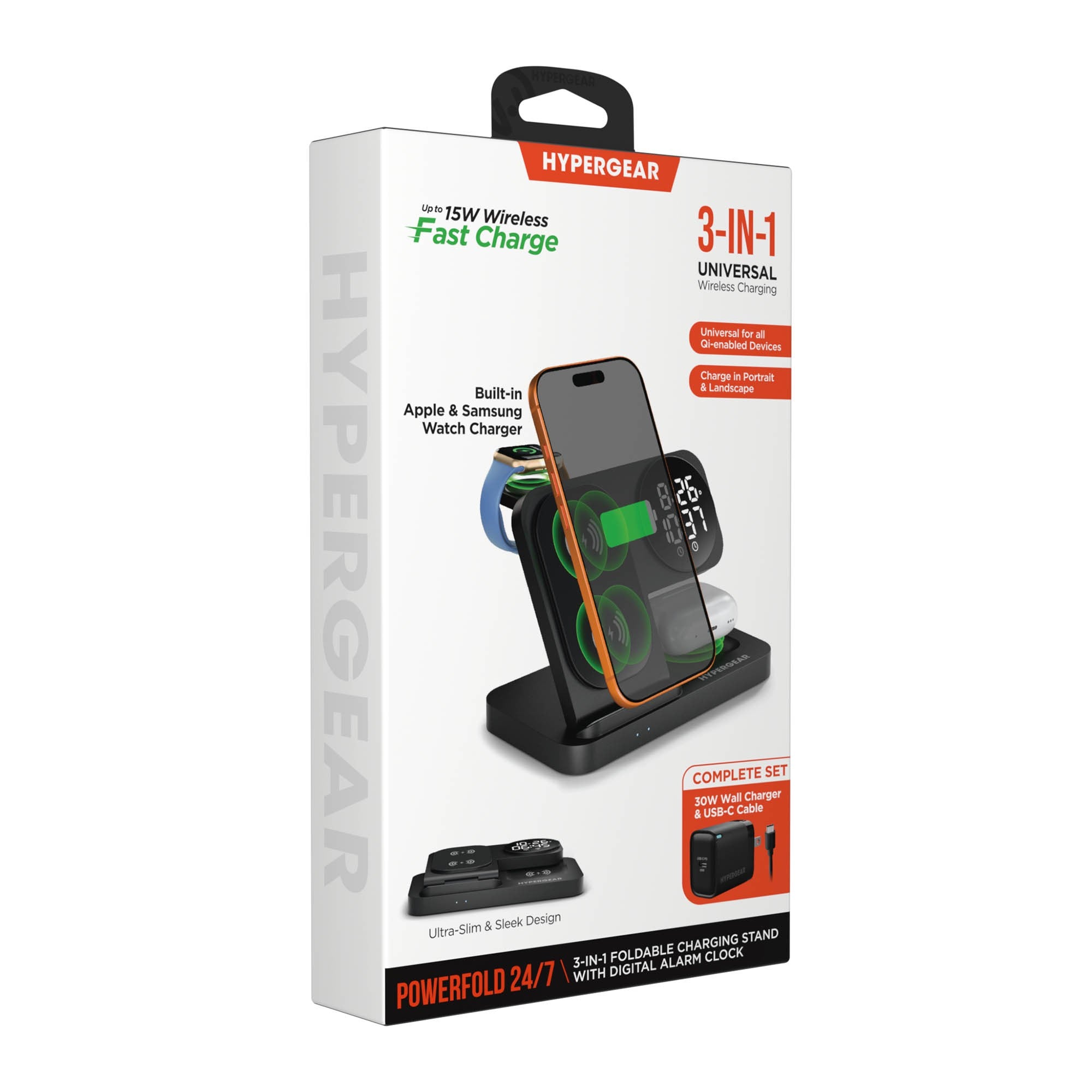 Hypergear 15W Powerfold 24/7 3in1 Foldable Wireless Charging Stand w/Digital Alarm Clock - Black - 15-16269